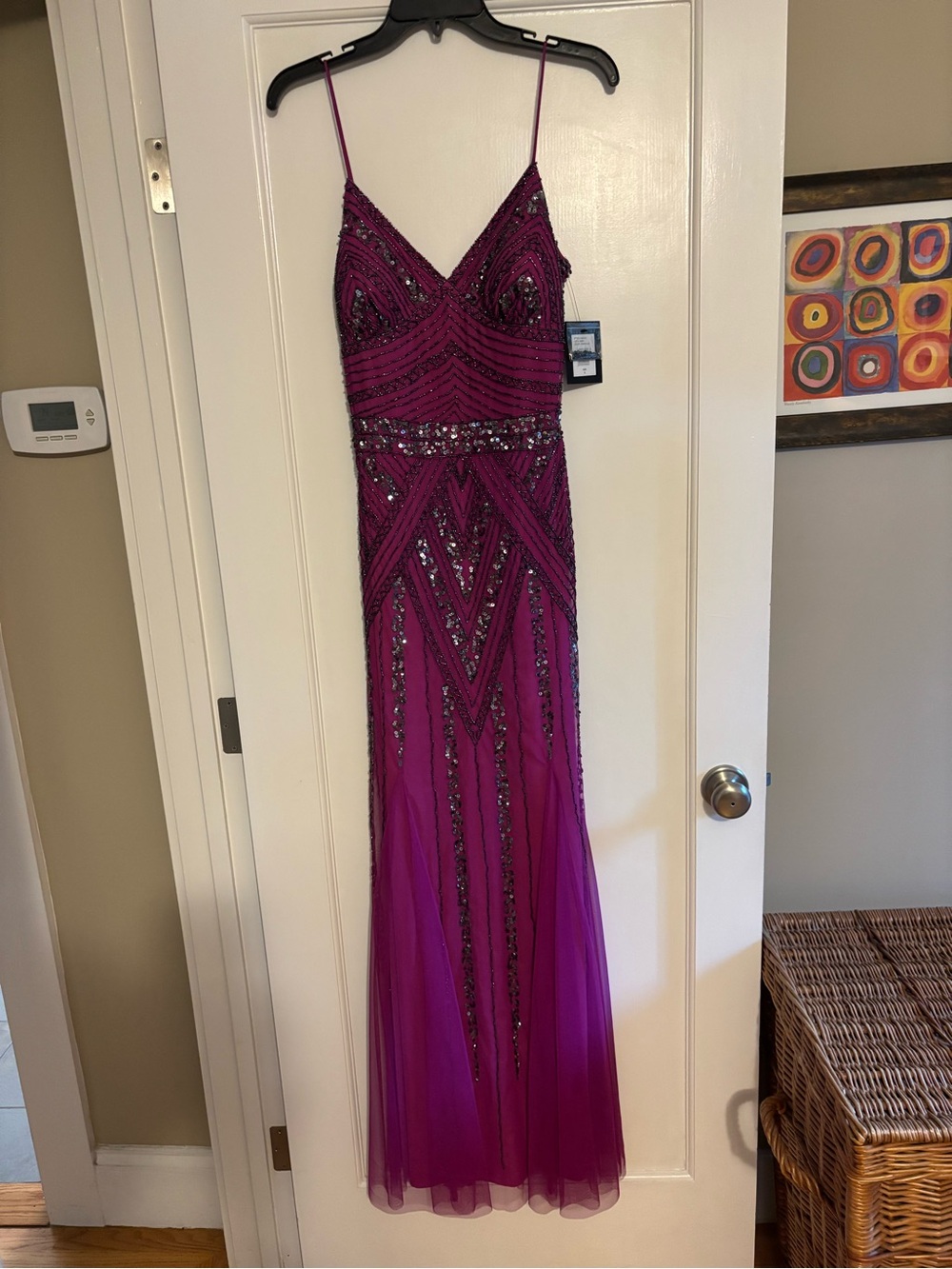 Beaded Fuchsia Spaghetti-Strap Prom Gown
